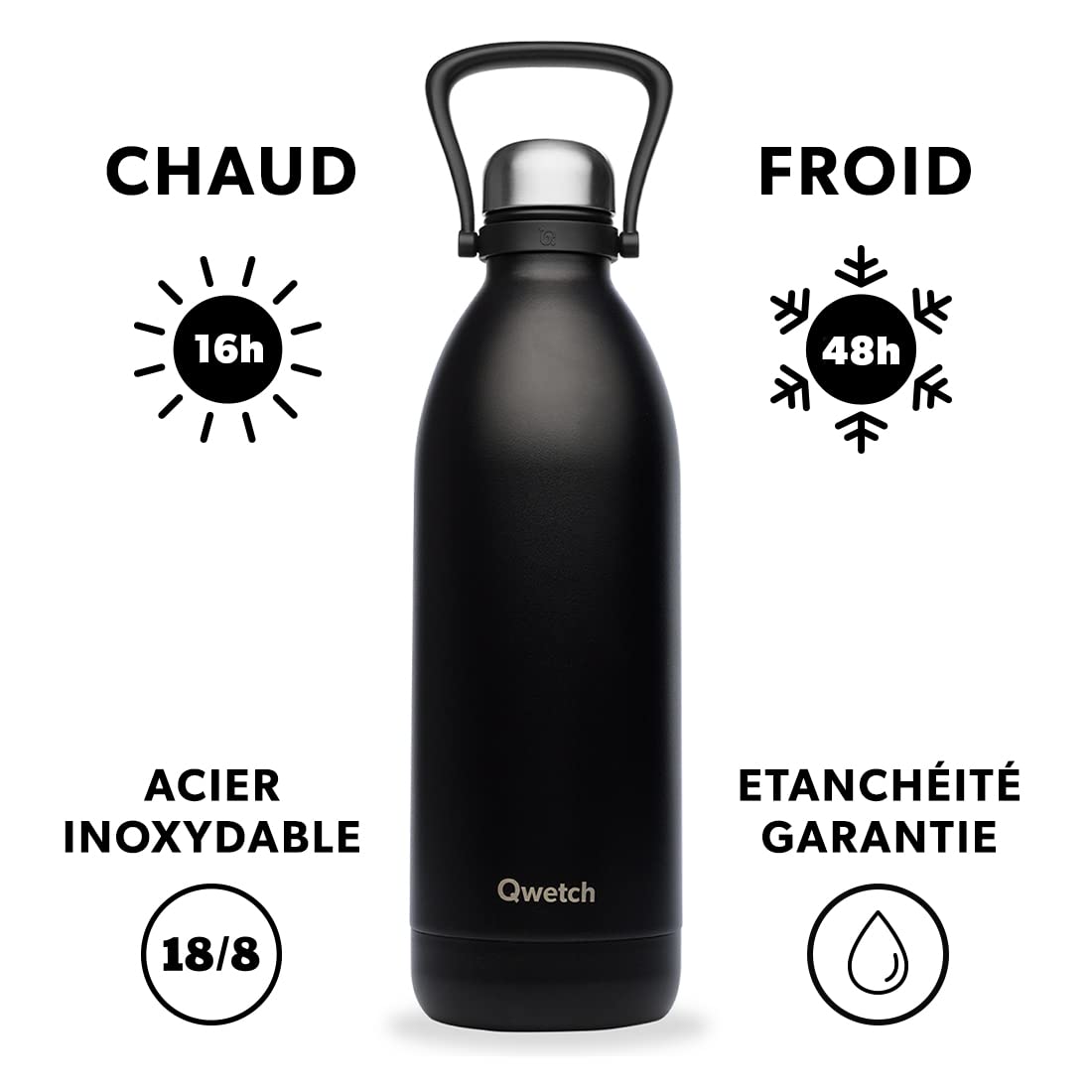 qwetch-grande-bouteille-isotherme-noir-2l-thermos-inox-48h-froid-16h-chaud-avec- image 2