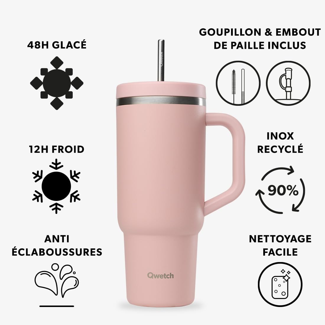qwetch-travel-cup-900-ml-avec-paille-et-anse-rose-pastel-mug-isotherme-inox-recy image 2